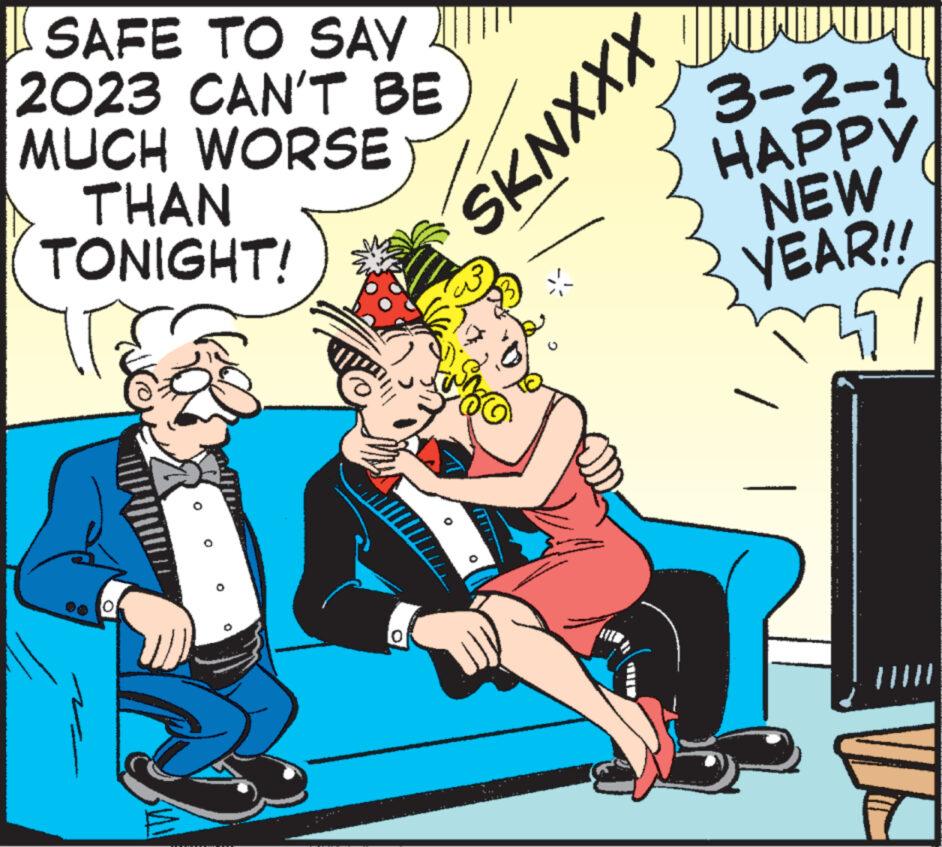 Fictional character OCR: SAFE TO SAY 2023 CAN'T BE MUCH WORSE THAN TONIGHT! M SKNXXX JALAT 3-2-1 ?????NEW YEAR!! ma WE SAFE TO SAY 2023 CAN'T BE MUCH WORSE THAN TONIGHT ! M SKNXXX JALAT 3-2-1 ?????NEW YEAR !! ma WE