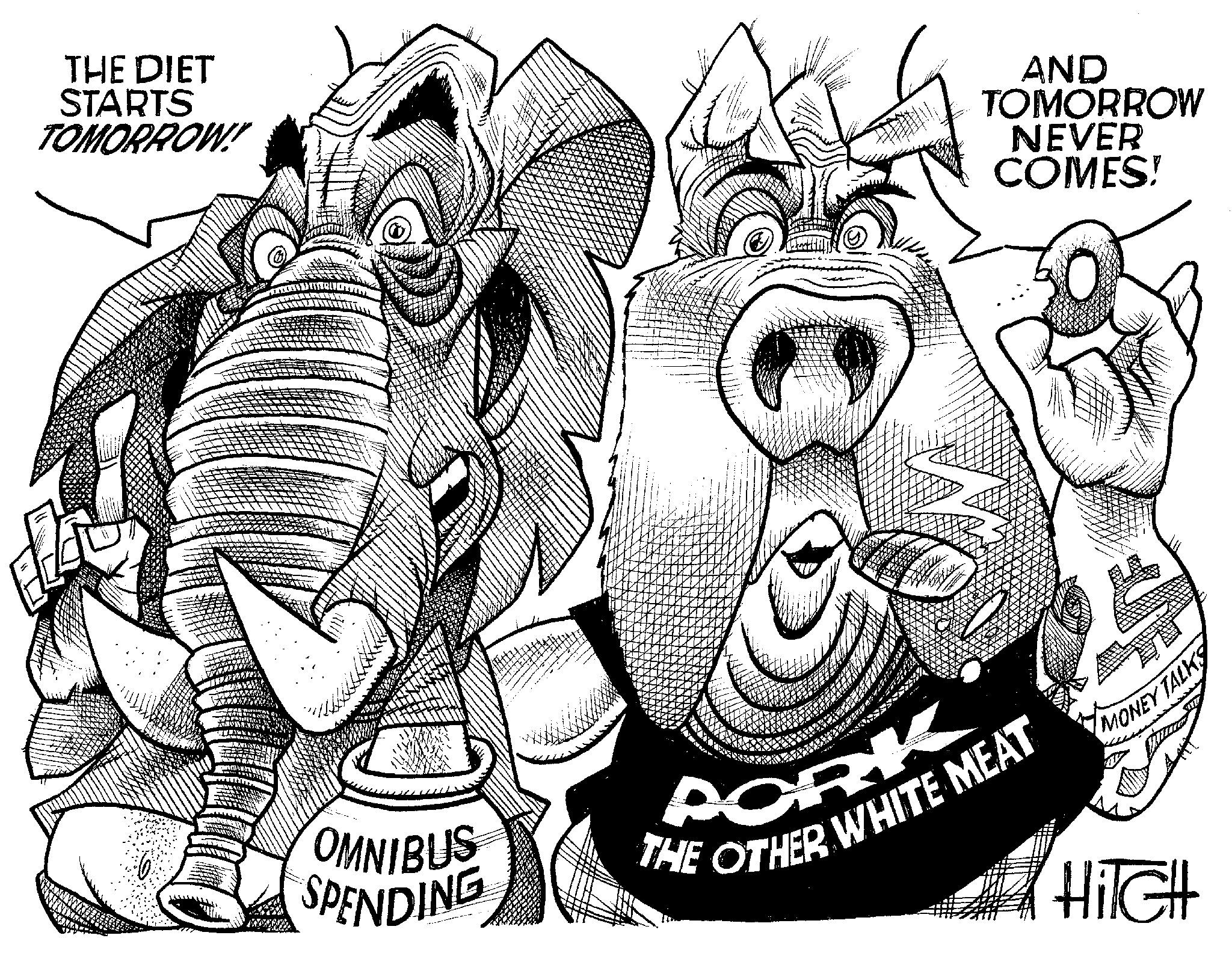 Line art OCR: THE DIET STARTS TOMORROW! OMNIBUS SPENDING AND TOMORROW NEVER COMES! NX PORK THE OTHER WHITE MEAT MONEY TALKS HiTGH THE DIET STARTS TOMORROW ! OMNIBUS SPENDING AND TOMORROW NEVER COMES ! NX PORK THE OTHER WHITE MEAT MONEY TALKS HiTGH