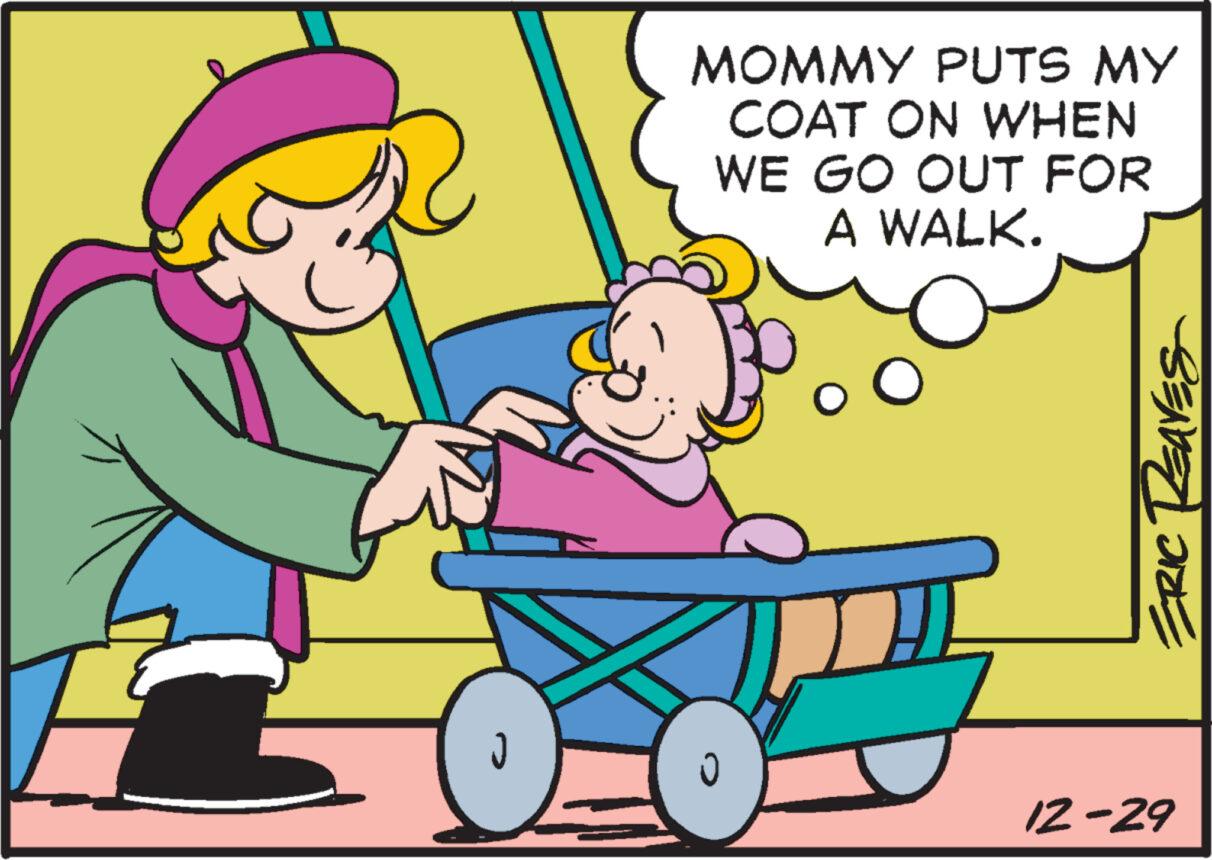 Line OCR: J MOMMY PUTS MY COAT ON WHEN WE GO OUT FOR A WALK. ERIC REAVES 12-29 J MOMMY PUTS MY COAT ON WHEN WE GO OUT FOR A WALK . ERIC REAVES 12-29