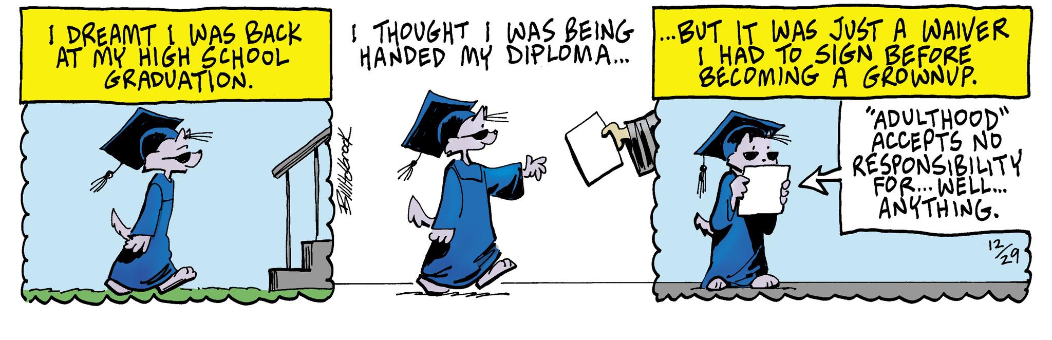 Art OCR: I DREAMT I WAS BACK AT MY HIGH SCHOOL GRADUATION. I THOUGHT I WAS BEING HANDED MY DIPLOMA.... Billidbrook ...BUT IT WAS JUST A WAIVER I HAD TO SIGN BEFORE BECOMING A GROWNUP. "ADULTHOOD" ACCEPTS NO RESPONSIBILITY FOR... WELL... ANYTHING. 12 / 29. I DREAMT I WAS BACK AT MY HIGH SCHOOL GRADUATION . I THOUGHT I WAS BEING HANDED MY DIPLOMA .... Billidbrook ... BUT IT WAS JUST A WAIVER I HAD TO SIGN BEFORE BECOMING A GROWNUP . " ADULTHOOD " ACCEPTS NO RESPONSIBILITY FOR ... WELL ... ANYTHING . 12 / 29 .