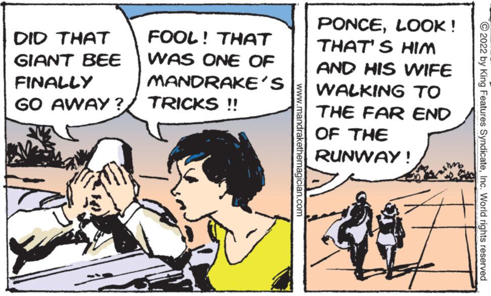 Comic book OCR: DID THAT GIANT BEE FINALLY GO AWAY? FOOL! THAT WAS ONE OF MANDRAKE'S TRICKS !! www.mandrakethemagician.com PONCELOOK! THAT'S HIM AND HIS WIFE WALKING TO END THE FAR OF THE RUNWAY! ?2022 by King Features SyndicateInc. World rights reserved. DID THAT GIANT BEE FINALLY GO AWAY ? FOOL ! THAT WAS ONE OF MANDRAKE'S TRICKS !! www.mandrakethemagician.com PONCELOOK ! THAT'S HIM AND HIS WIFE WALKING TO END THE FAR OF THE RUNWAY ! ?2022 by King Features SyndicateInc. World rights reserved .