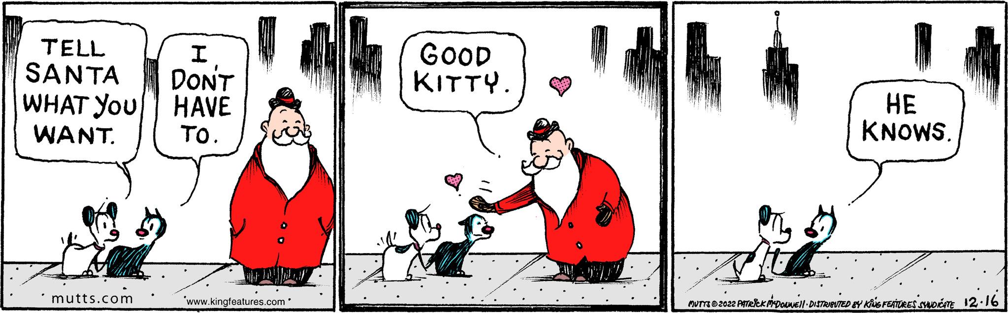 Illustration OCR: TELL I SANTA DON'T WHAT YOU HAVE WANT. TO. mutts.com www.kingfeatures.com GOOD KITTY. HE KNOWS. MUTTS © 2022 PATRICK MCDONNE||· DISTRIBUTED BY KING FEATURES SYNDICATE 12.16 TELL I SANTA DON'T WHAT YOU HAVE WANT . TO . mutts.com www.kingfeatures.com GOOD KITTY . HE KNOWS . MUTTS © 2022 PATRICK MCDONNE || · DISTRIBUTED BY KING FEATURES SYNDICATE 12.16
