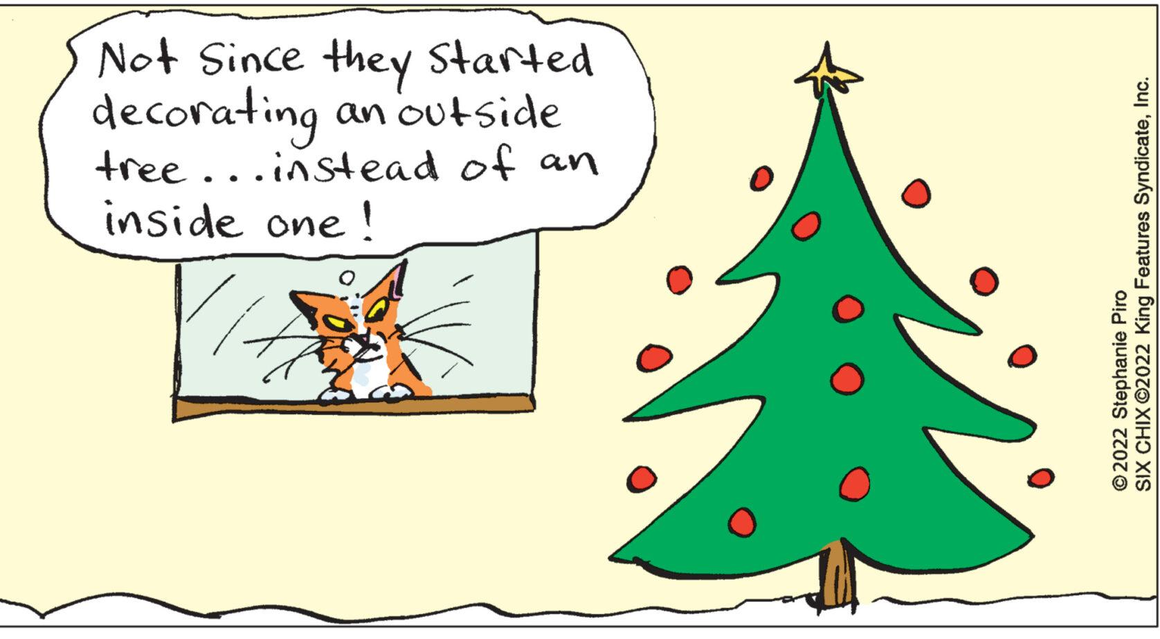 Christmas decoration OCR: Not Since they started decorating an outside tree... instead of an inside one! SIX CHIX ©2022 King Features SyndicateInc. ?2022 Stephanie Piro Not Since they started decorating an outside tree ... instead of an inside one ! SIX CHIX © 2022 King Features SyndicateInc. ?2022 Stephanie Piro