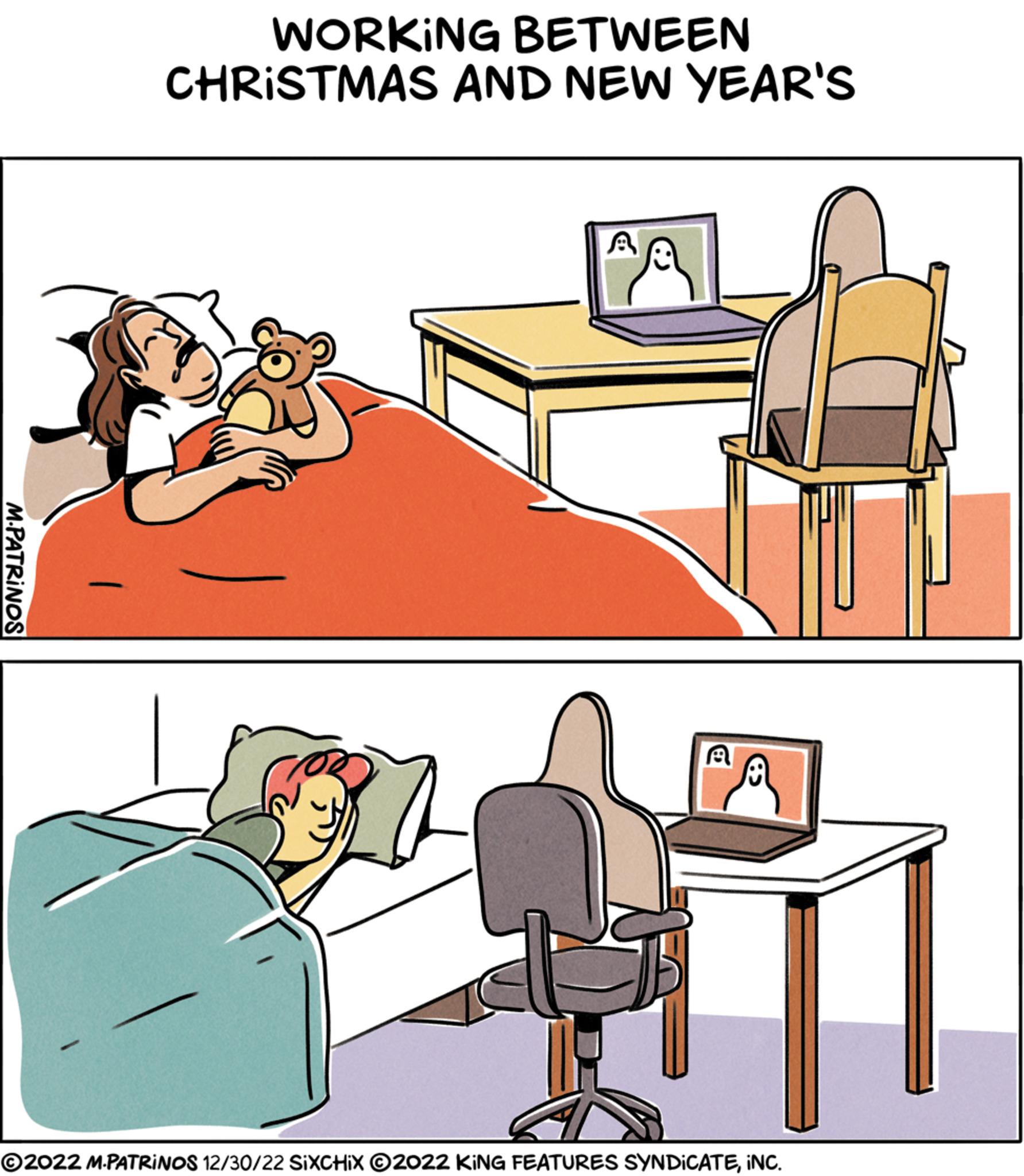 Line OCR: M.PATRINOS - WORKING BETWEEN CHRISTMAS AND NEW YEAR'S A R ?2022 M.PATRINOS 12/30/22 SIXCHIX ?2022 KING FEATURES SYNDICATEINC. M.PATRINOS - WORKING BETWEEN CHRISTMAS AND NEW YEAR'S A R ?2022 M.PATRINOS 12/30/22 SIXCHIX ?2022 KING FEATURES SYNDICATEINC .