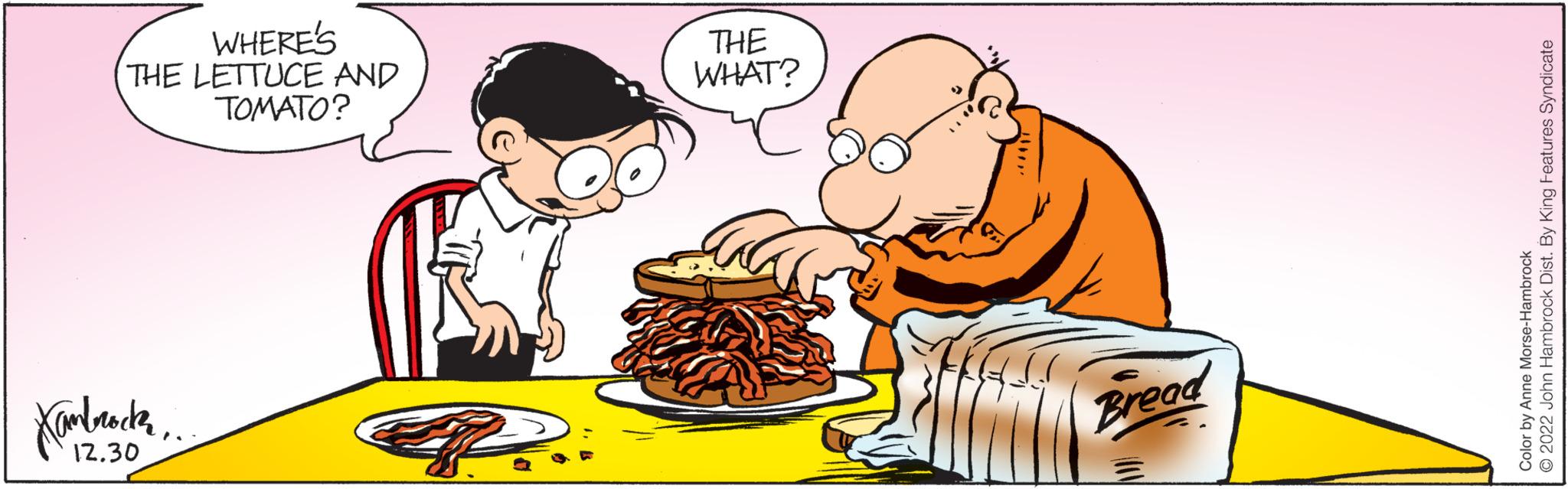 Art OCR: 12.30 Bread TOMATO? THE LETTUCE AND WHERE'S WHAT? THE Color by Anne Morse-Hambrock O 2022 John Hambrock Dist. By King Features Syndicate 12.30 Bread TOMATO ? THE LETTUCE AND WHERE'S WHAT ? THE Color by Anne Morse - Hambrock O 2022 John Hambrock Dist . By King Features Syndicate