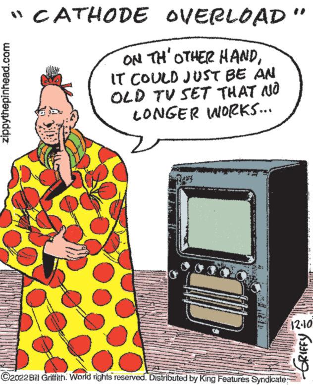 Art OCR: "CATHODE OVERLOAD ON TH' OTHER HANDIT COULD JUST BE AN OLD TV SET THAT NO LONGER WORKS... zippythepinhead.com ?2022 Bill Griffith. World rights reserved. Distributed by King Features Syndicate 11 H 12.10 Kang " CATHODE OVERLOAD ON TH ' OTHER HANDIT COULD JUST BE AN OLD TV SET THAT NO LONGER WORKS ... zippythepinhead.com ?2022 Bill Griffith . World rights reserved . Distributed by King Features Syndicate 11 H 12.10 Kang