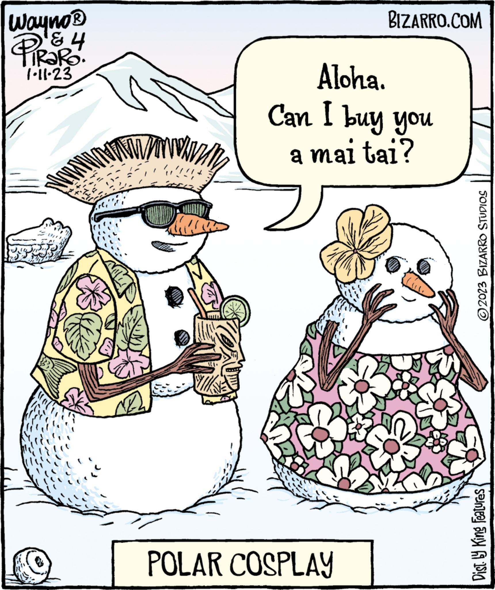 Font OCR: Wayno ? PiRaRo. ? ? 1-11-23 !!!! LIC BIZARRO.COM Aloha. Can I buy you a mai tai? POLAR COSPLAY ?2023 BIZARRO STUDIOS Dist. by King Features Wayno ? PiRaRo . ? ? 1-11-23 !!!! LIC BIZARRO.COM Aloha . Can I buy you a mai tai ? POLAR COSPLAY ?2023 BIZARRO STUDIOS Dist . by King Features
