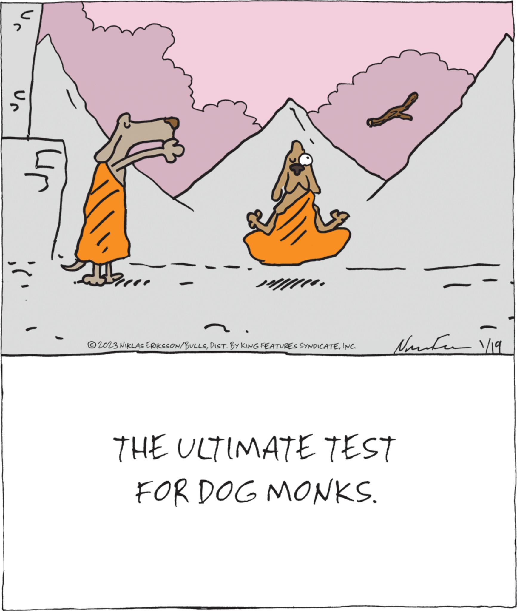 Illustration OCR: ? Ur Un }} - " ?2023 NIKLAS ERIKSSON/BULLSINC. Nute 1/19 THE ULTIMATE TEST FOR DOG MONKS. ? Ur Un } } - " ?2023 NIKLAS ERIKSSON / BULLSDIST . BY KING FEATURES SYNDICATEINC . Nute 1/19 THE ULTIMATE TEST FOR DOG MONKS .