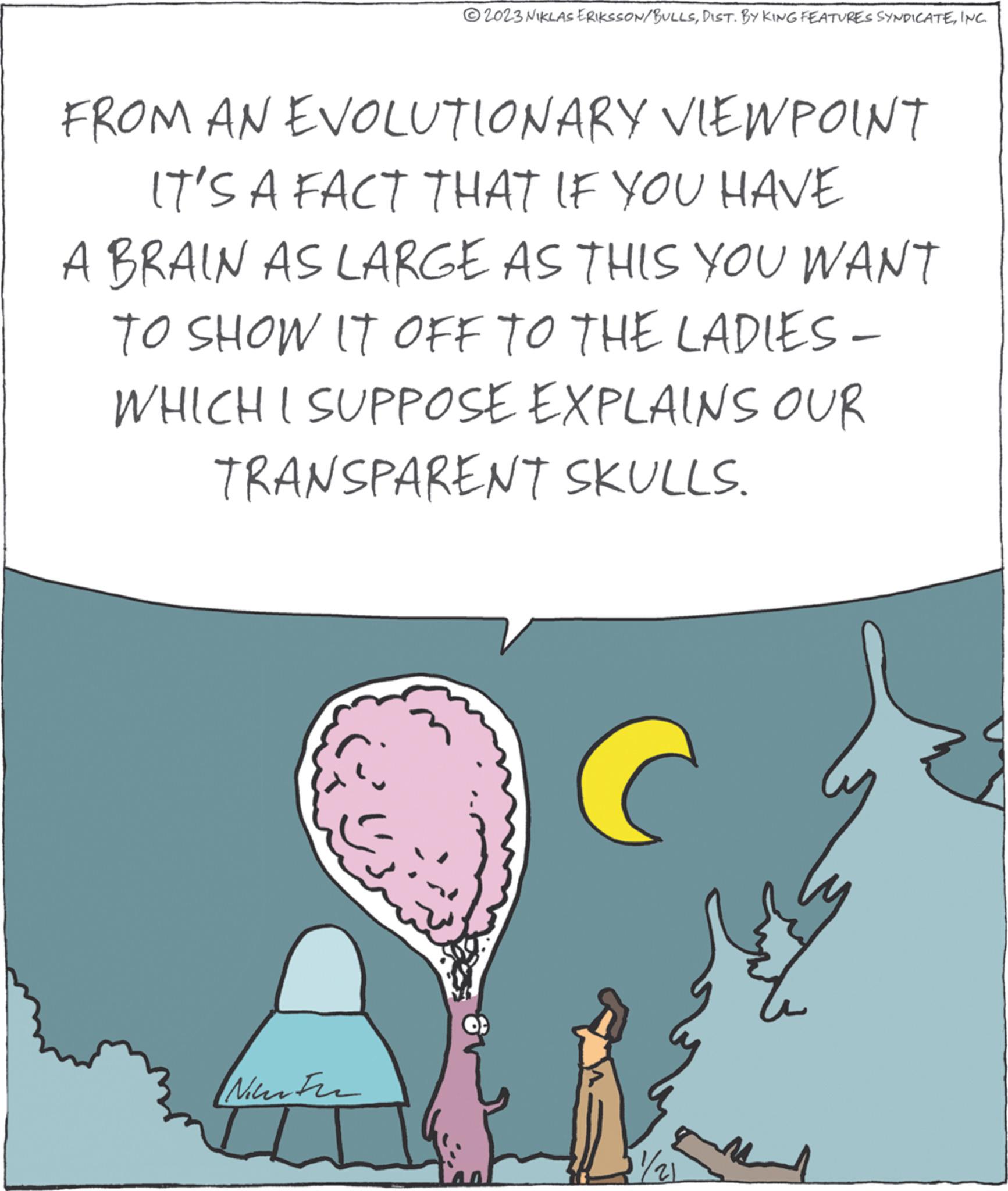 Slope OCR: 2023 NIKLAS ERIKSSON/BULLSINC. FROM AN EVOLUTIONARY VIEWPOINT IT'S A FACT THAT IF YOU HAVE A BRAIN AS LARGE AS THIS YOU WANT TO SHOW IT OFF TO THE LADIES - WHICH I SUPPOSE EXPLAINS OUR TRANSPARENT SKULLS. Niente 11/21 2023 NIKLAS ERIKSSON / BULLSDIST . BY KING FEATURES SYNDICATEINC . FROM AN EVOLUTIONARY VIEWPOINT IT'S A FACT THAT IF YOU HAVE A BRAIN AS LARGE AS THIS YOU WANT TO SHOW IT OFF TO THE LADIES - WHICH I SUPPOSE EXPLAINS OUR TRANSPARENT SKULLS . Niente 11/21