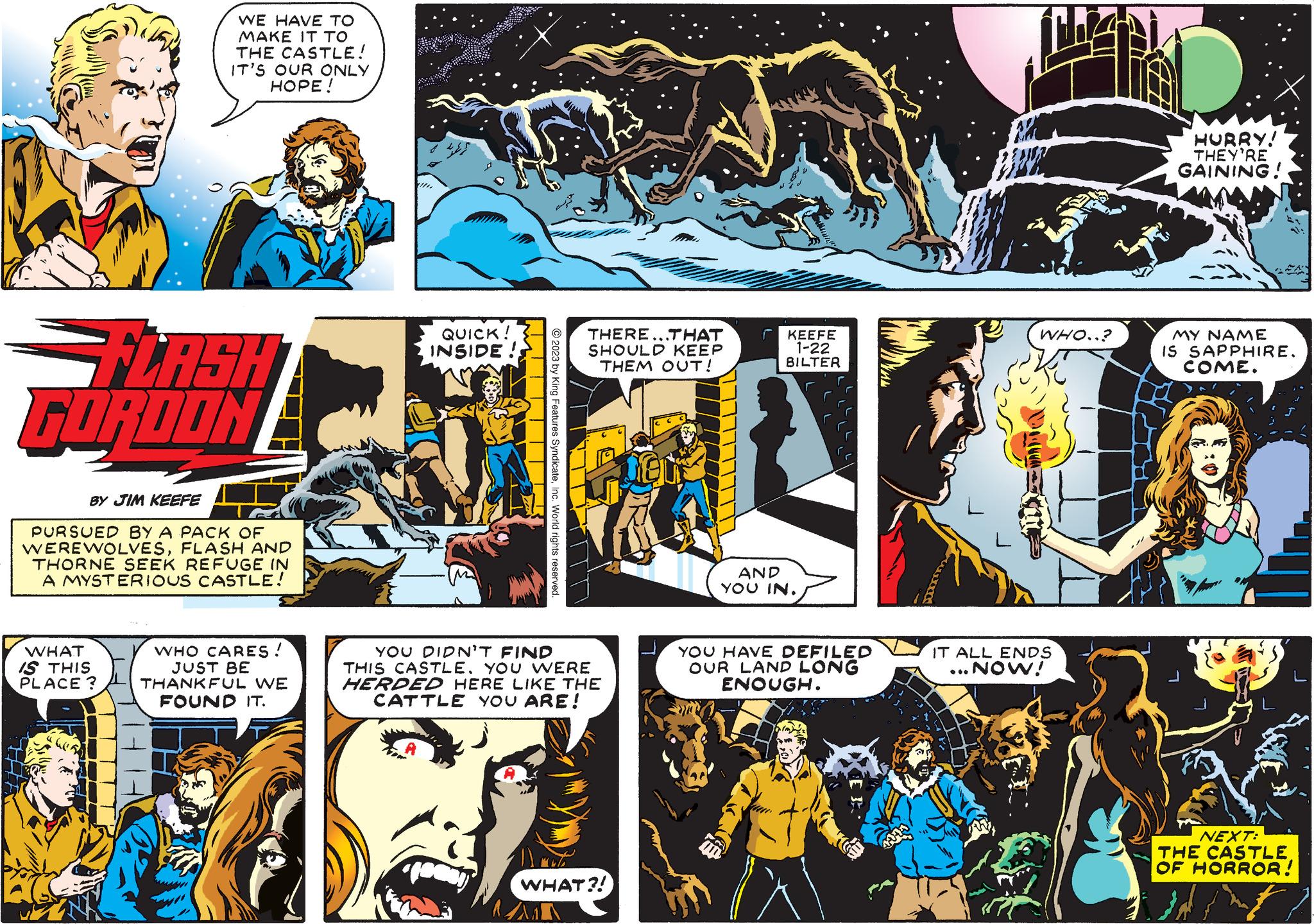 Fictional character Faces (1) OCR: WE HAVE TO MAKE IT TO THE CASTLE! IT'S OUR ONLY HOPE! FLASH FORDON BY JIM KEEFE PURSUED BY A PACK OF WEREWOLVESFLASH AND THORNE SEEK REFUGE IN A MYSTERIOUS CASTLE! WHAT IS THIS PLACE? WHO CARES ! JUST BE THANKFUL WE FOUND IT. QUICK! INSIDE!! ?2023 by King Features SyndicateInc. World rights reserved. THERE...THAT SHOULD KEEP THEM OUT! YOU DIDN'T FIND THIS CASTLE. YOU WERE HERDED HERE LIKE THE CATTLE YOU ARE! M WHAT?! EL KEEFE 1-22 BILTER AND YOU IN. YOU HAVE DEFILED OUR LAND LONG ENOUGH. WHO..? IT ALL ENDS ..NOW! HURRY! THEY'RE GAINING! MY NAME IS SAPPHIRE. COME. NEXT: THE CASTLE OF HORROR! WE HAVE TO MAKE IT TO THE CASTLE ! IT'S OUR ONLY HOPE ! FLASH FORDON BY JIM KEEFE PURSUED BY A PACK OF WEREWOLVESFLASH AND THORNE SEEK REFUGE IN A MYSTERIOUS CASTLE ! WHAT IS THIS PLACE ? WHO CARES ! JUST BE THANKFUL WE FOUND IT . QUICK ! INSIDE !! ?2023 by King Features SyndicateInc. World rights reserved . THERE ... THAT SHOULD KEEP THEM OUT ! YOU DIDN'T FIND THIS CASTLE . YOU WERE HERDED HERE LIKE THE CATTLE YOU ARE ! M WHAT ?! EL KEEFE 1-22 BILTER AND YOU IN . YOU HAVE DEFILED OUR LAND LONG ENOUGH . WHO .. ? IT ALL ENDS ..NOW ! HURRY ! THEY'RE GAINING ! MY NAME IS SAPPHIRE . COME . NEXT : THE CASTLE OF HORROR !