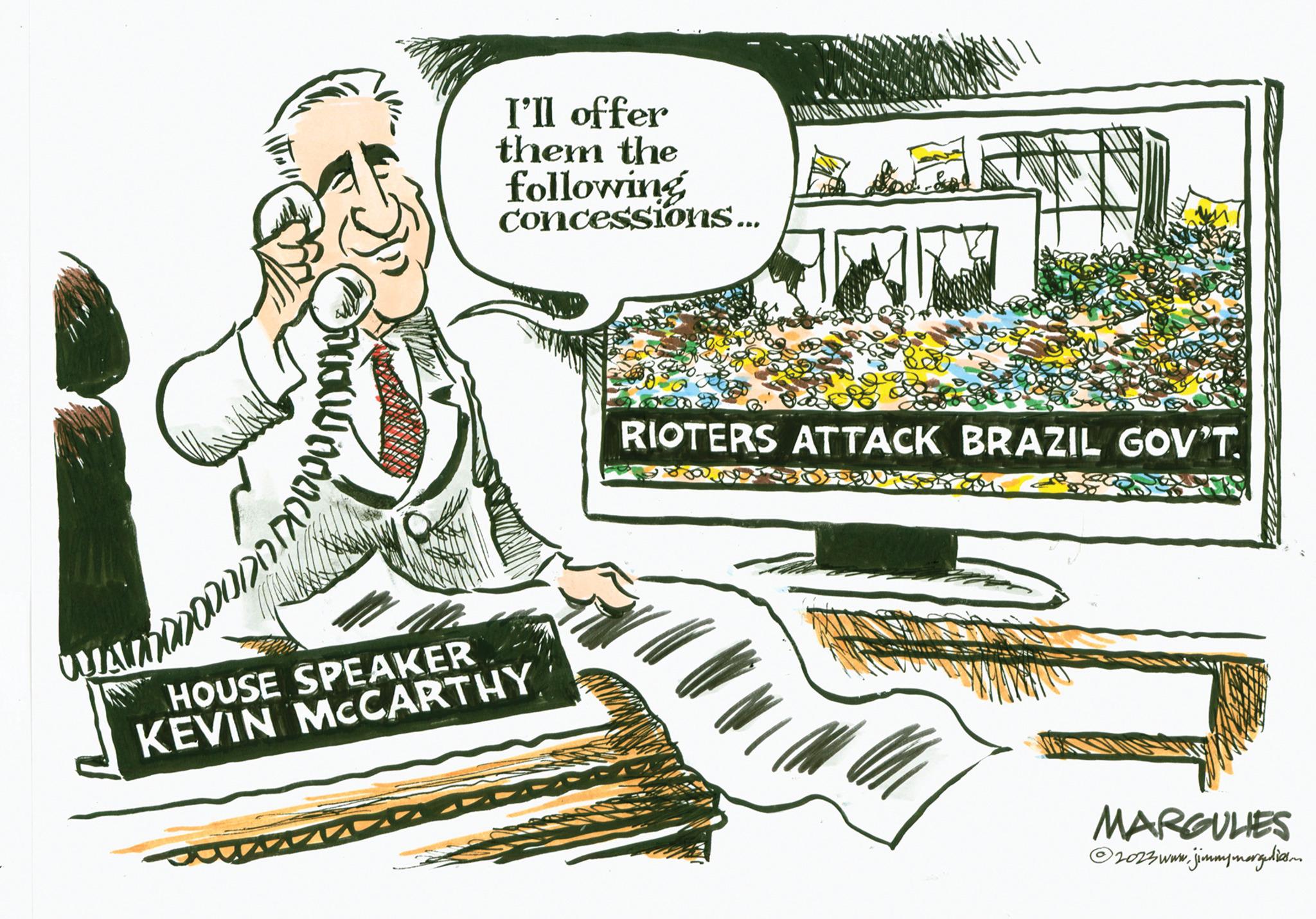 Illustration OCR: W ONLALLOOOOOO Bank.c I'll offer them the following concessions... HOUSE SPEAKER KEVIN MCCARTHY MAALASENTA RIOTERS ATTACK BRAZIL GOV'T MARGULIES ?2023 www.jimmpmergedicam W ONLALLOOOOOO Bank.c I'll offer them the following concessions ... HOUSE SPEAKER KEVIN MCCARTHY MAALASENTA RIOTERS ATTACK BRAZIL GOV'T MARGULIES ?2023 www.jimmpmergedicam