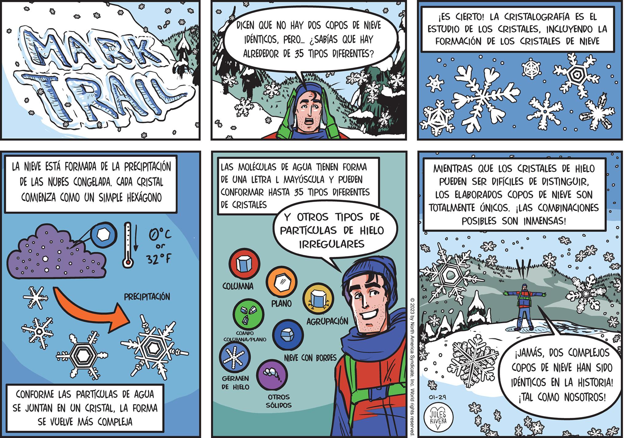 Art OCR: AA LA NIEVE ESTÁ FORMADA DE LA PRECIPITACIÓN DE LAS NUBES CONGELADA. CADA CRISTAL COMIENZA COMO UN SIMPLE HEXÁGONO N 0°C or 32°F PRECIPITACIÓN * CONFORME LAS PARTÍCULAS DE AGUA SE JUNTAN EN UN CRISTALLA FORMA SE VUELVE MÁS COMPLEJA ** DICEN QUE NO HAY DOS COPOS DE NIEVE IDÉNTICOSPERO... ¿SABÍAS QUE HAY ALREDEDOR DE 35 TIPOS DIFERENTES? LAS MOLÉCULAS DE AGUA TIENEN FORMA DE UNA LETRA L MAYÚSCULA Y PUEDEN CONFORMAR HASTA 35 TIPOS DIFERENTES DE CRISTALES COLUMNA COMBO COLUMNA/PLANO * GERMEN DE HIELO Y OTROS TIPOS DE PARTÍCULAS DE HIELO IRREGULARES PLANO AGRUPACIÓN NIEVE CON BORDES OTROS SÓLIDOS © 2023 by North America SyndicateInc. World rights reserved. ¡ES CIERTO! LA CRISTALOGRAFÍA ES EL ESTUDIO DE LOS CRISTALESINCLUYENDO LA FORMACIÓN DE LOS CRISTALES DE NIEVE MIENTRAS QUE LOS CRISTALES DE HIELO PUEDEN SER DIFÍCILES DE DISTINGUIRLOS ELABORADOS COPOS DE NIEVE SON TOTALMENTE ÚNICOS. ¡LAS COMBINACIONES POSIBLES SON INMENSAS! 01-29 JULES RIVERA M WAD MA cuffi fine O unssum Minu ¡JAMÁSDOS COMPLEJOS COPOS DE NIEVE HAN SIDO IDÉNTICOS EN LA HISTORIA! ¡TAL COMO NOSOTROS! AA LA NIEVE ESTÁ FORMADA DE LA PRECIPITACIÓN DE LAS NUBES CONGELADA . CADA CRISTAL COMIENZA COMO UN SIMPLE HEXÁGONO N 0 ° C or 32 ° F PRECIPITACIÓN * CONFORME LAS PARTÍCULAS DE AGUA SE JUNTAN EN UN CRISTALLA FORMA SE VUELVE MÁS COMPLEJA ** DICEN QUE NO HAY DOS COPOS DE NIEVE IDÉNTICOSPERO ... ¿ SABÍAS QUE HAY ALREDEDOR DE 35 TIPOS DIFERENTES ? LAS MOLÉCULAS DE AGUA TIENEN FORMA DE UNA LETRA L MAYÚSCULA Y PUEDEN CONFORMAR HASTA 35 TIPOS DIFERENTES DE CRISTALES COLUMNA COMBO COLUMNA / PLANO * GERMEN DE HIELO Y OTROS TIPOS DE PARTÍCULAS DE HIELO IRREGULARES PLANO AGRUPACIÓN NIEVE CON BORDES OTROS SÓLIDOS © 2023 by North America SyndicateInc. World rights reserved . ¡ ES CIERTO ! LA CRISTALOGRAFÍA ES EL ESTUDIO DE LOS CRISTALESINCLUYENDO LA FORMACIÓN DE LOS CRISTALES DE NIEVE MIENTRAS QUE LOS CRISTALES DE HIELO PUEDEN SER DIFÍCILES DE DISTINGUIRLOS ELABORADOS COPOS DE NIEVE SON TOTALMENTE ÚNICOS . ¡ LAS COMBINACIONES POSIBLES SON INMENSAS ! 01-29 JULES RIVERA M WAD MA cuffi fine O unssum Minu ¡ JAMÁSDOS COMPLEJOS COPOS DE NIEVE HAN SIDO IDÉNTICOS EN LA HISTORIA ! ¡ TAL COMO NOSOTROS !