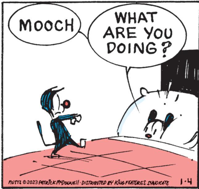 Rectangle OCR: MOOCH WHAT ARE YOU DOING? ? MUTTS © 2023 PATRICK MCDONNE||· DISTRIBUTED BY KING FEATURES SYNDICATE 1.4 MOOCH WHAT ARE YOU DOING ? ? MUTTS © 2023 PATRICK MCDONNE || · DISTRIBUTED BY KING FEATURES SYNDICATE 1.4