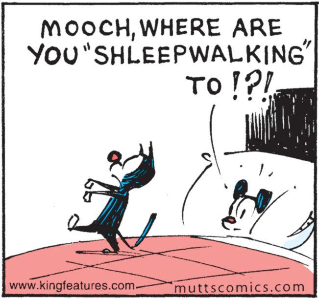 Illustration OCR: MOOCHWHERE ARE YOU "SHLEEPWALKING TO !?! 2 www.kingfeatures.com muttscomics.com MOOCHWHERE ARE YOU " SHLEEPWALKING TO ! ? ! 2 www.kingfeatures.com muttscomics.com