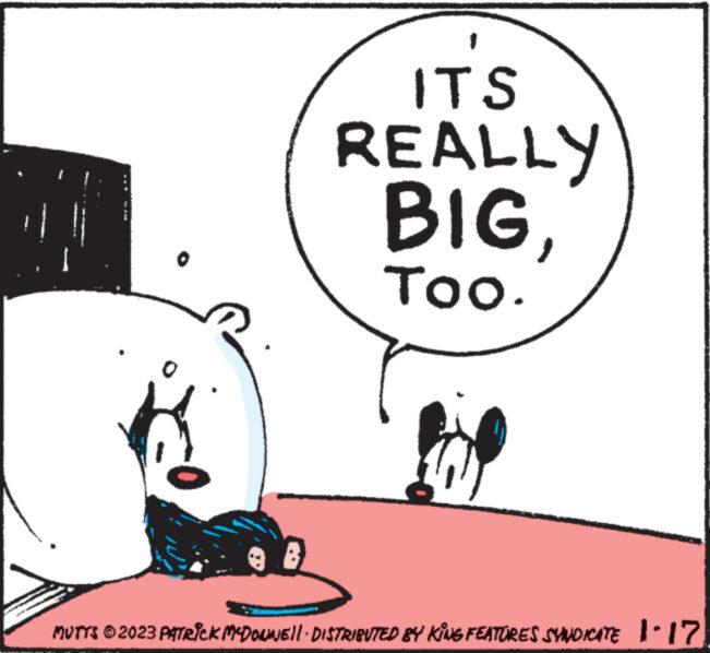 Line OCR: Bask IT'S REALLY BIGToo. MUTTS © 2023 PATRICK MCDONNELL · DISTRIBUTED BY KING FEATURES SYNDICATE 1.17. Bask IT'S REALLY BIGToo . MUTTS © 2023 PATRICK MCDONNELL · DISTRIBUTED BY KING FEATURES SYNDICATE 1.17 .
