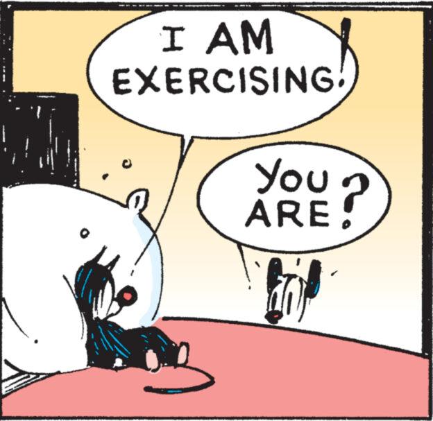Illustration OCR: —I P HE I AM EXERCISING! You? ARE! —I P HE I AM EXERCISING ! You ? ARE !
