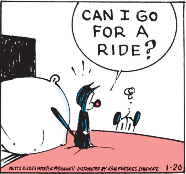 Drawing OCR: CAN I GO FOR A RIDE? 8 Bil MUTTS © 2023 PATRICK MCDONNELL · DISTRIBUTED BY KING FEATURES SYNDICATE 1.20 CAN I GO FOR A RIDE ? 8 Bil MUTTS © 2023 PATRICK MCDONNELL · DISTRIBUTED BY KING FEATURES SYNDICATE 1.20