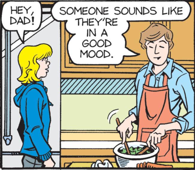 Art OCR: HEYSOMEONE SOUNDS LIKE DAD! Iz THEY'RE IN A GOOD MOOD. d com HEYSOMEONE SOUNDS LIKE DAD ! Iz THEY'RE IN A GOOD MOOD . d com