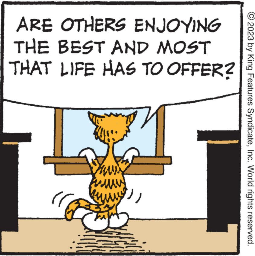 Illustration OCR: ARE OTHERS ENJOYING THE BEST AND MOST THAT LIFE HAS TO OFFER? www www ??? 2023 by King Features SyndicateInc. World rights reserved. ARE OTHERS ENJOYING THE BEST AND MOST THAT LIFE HAS TO OFFER ? www www ??? 2023 by King Features SyndicateInc. World rights reserved .