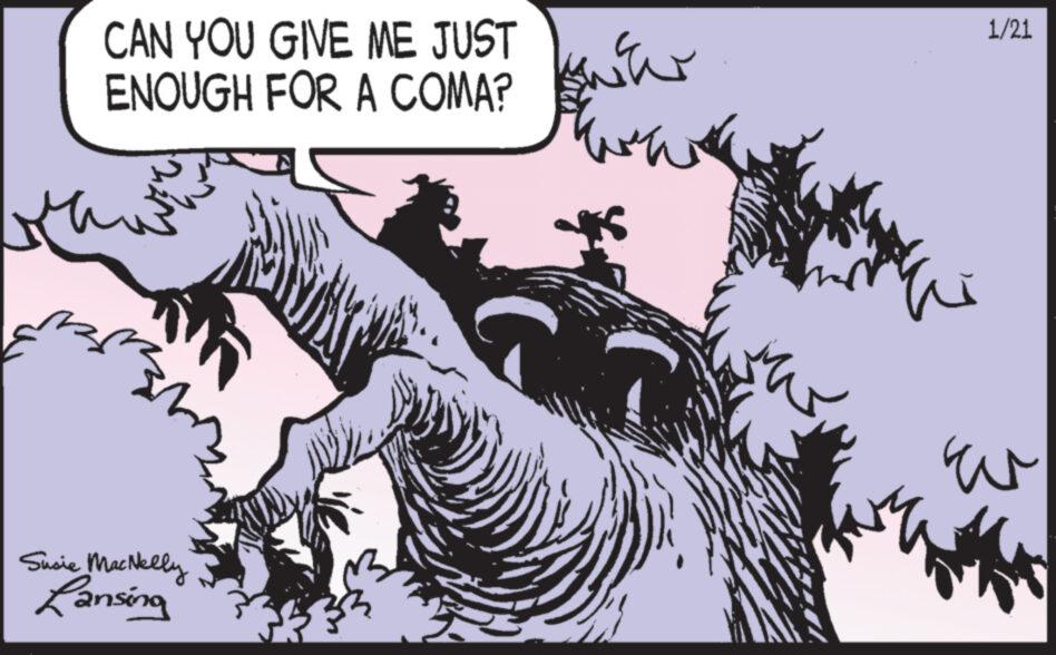 Fictional character OCR: CAN YOU GIVE ME JUST ENOUGH FOR A COMA? B Susie MacNelly Lansing ?? ?? Kara 1/21 ?? CAN YOU GIVE ME JUST ENOUGH FOR A COMA ? B Susie MacNelly Lansing ?? ?? Kara 1/21 ??