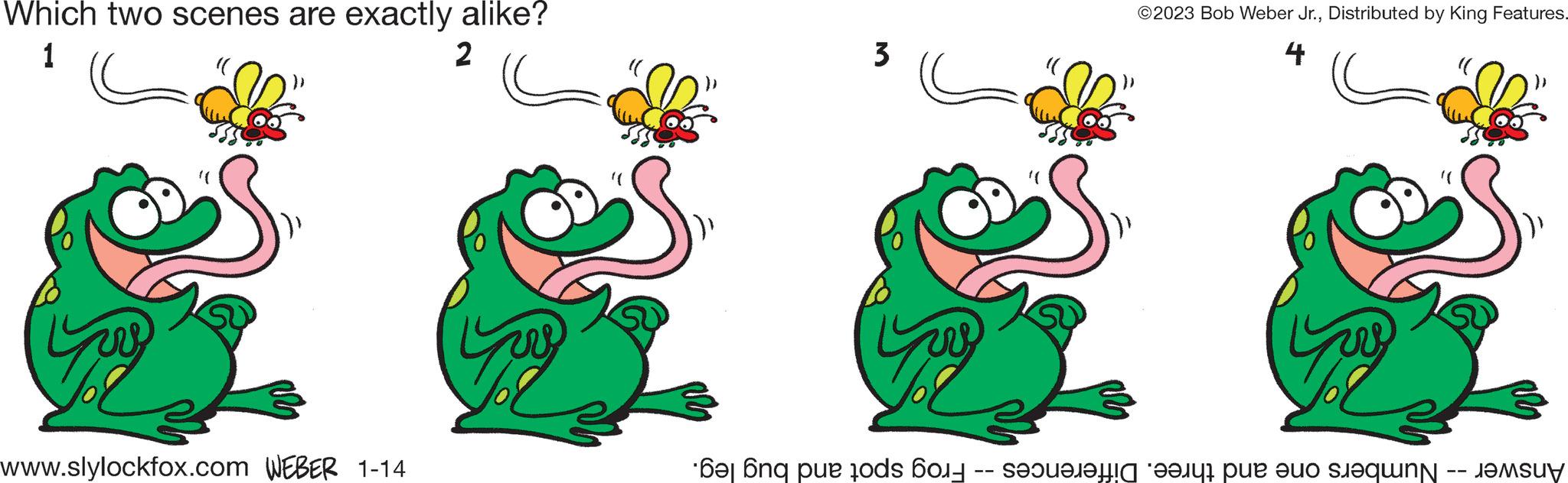 Pleased OCR: Which two scenes are exactly alike? 1 2 ???? www.slylockfox.com WEBER 1-14 3 ©2023 Bob Weber Jr.Distributed by King Features. 4 Answer -- Numbers one and three. Differences -- Frog spot and bug leg. Which two scenes are exactly alike ? 1 2 ???? www.slylockfox.com WEBER 1-14 3 © 2023 Bob Weber Jr.Distributed by King Features . 4 Answer -- Numbers one and three . Differences -- Frog spot and bug leg .