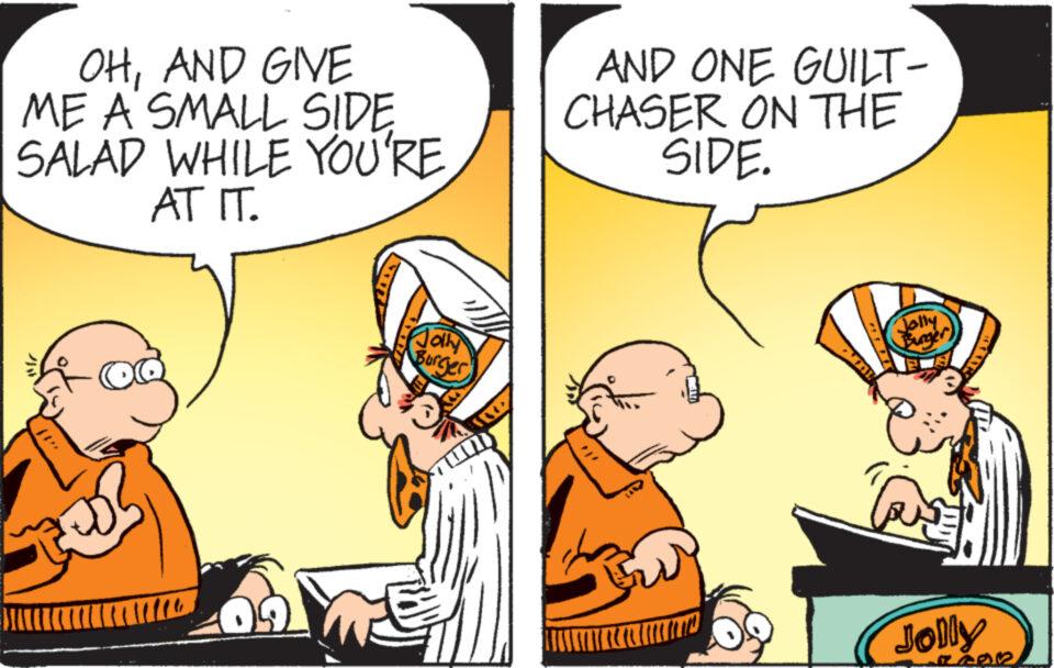 Conversation OCR: OHAND GIVE ME A SMALL SIDE SALAD WHILE YOU'RE AT IT. 0 Jolly Burger OF AND ONE GUILT- CHASER ON THE SIDE. Jolly Burger To Jolly San OHAND GIVE ME A SMALL SIDE SALAD WHILE YOU'RE AT IT . 0 Jolly Burger OF AND ONE GUILT CHASER ON THE SIDE . Jolly Burger To Jolly San