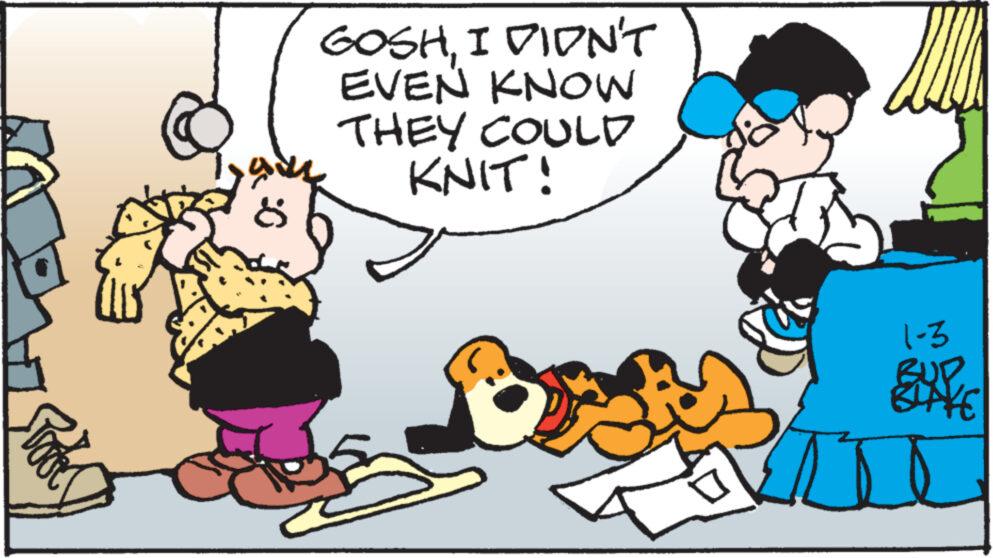 Line OCR: O GOSHI DIDN'T EVEN KNOW THEY COULD KNIT! 1-3 BLAKE O GOSHI DIDN'T EVEN KNOW THEY COULD KNIT ! 1-3 BLAKE