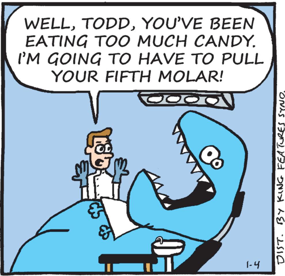 Rectangle OCR: WELLYOU'VE BEEN EATING TOO MUCH CANDY. I'M GOING TO HAVE TO PULL YOUR FIFTH MOLAR! 1 yo v45 S O 1.4 DIST. BY KING FEATURES SYNOYOU'VE BEEN EATING TOO MUCH CANDY . I'M GOING TO HAVE TO PULL YOUR FIFTH MOLAR ! 1 yo v45 S O 1.4 DIST . BY KING FEATURES SYNO
