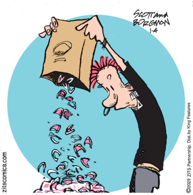 Illustration OCR: zitscomics.com DE ?2023 ZITS Partnership. Dist. by King Features V Aes 0 coco 1.4 BORGMAN SCOTT AND zitscomics.com DE ?2023 ZITS Partnership . Dist . by King Features V Aes 0 coco 1.4 BORGMAN SCOTT AND