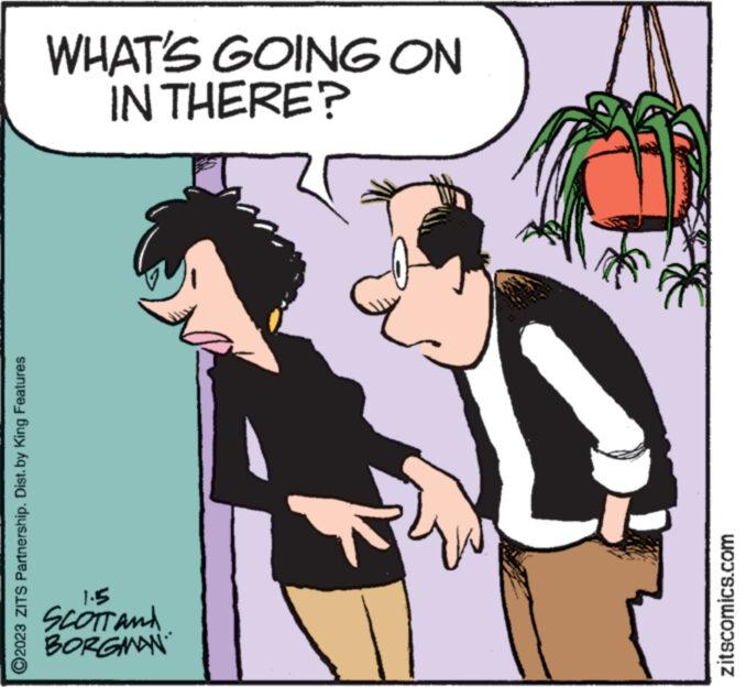 Art OCR: ?2023 ZITS Partnership. Dist. by King Features BORGMAN SCOTT and 1.5 zitscomics.com IN THERE? WHAT'S GOING ON ?2023 ZITS Partnership . Dist . by King Features BORGMAN SCOTT and 1.5 zitscomics.com IN THERE ? WHAT'S GOING ON
