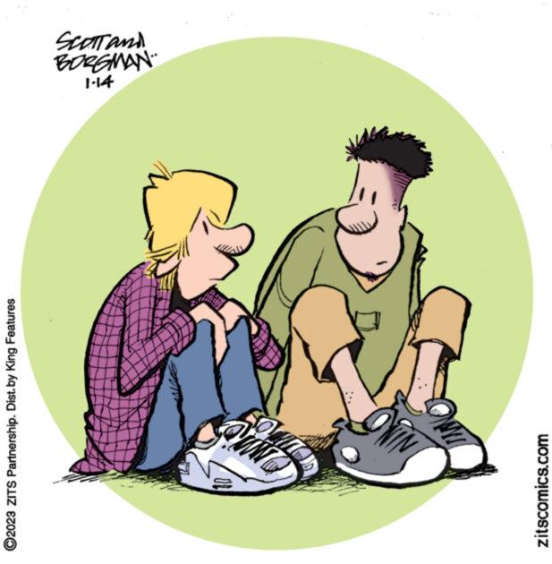 People in nature OCR: ?2023 ZITS Partnership. Dist. by King Features 10 zitscomics.com 1-14 BORGMAN Scott and ?2023 ZITS Partnership . Dist . by King Features 10 zitscomics.com 1-14 BORGMAN Scott and