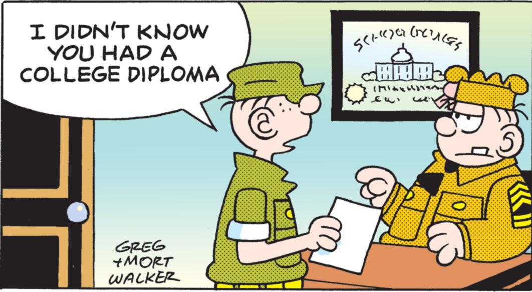 Illustration OCR: I DIDN'T KNOW YOU HADA COLLEGE DIPLOMA GREG +MORT WALKER @ SCHONES HAB (Macint ???? REFERENCES O I DIDN'T KNOW YOU HADA COLLEGE DIPLOMA GREG + MORT WALKER @ SCHONES HAB ( Macint ???? REFERENCES O