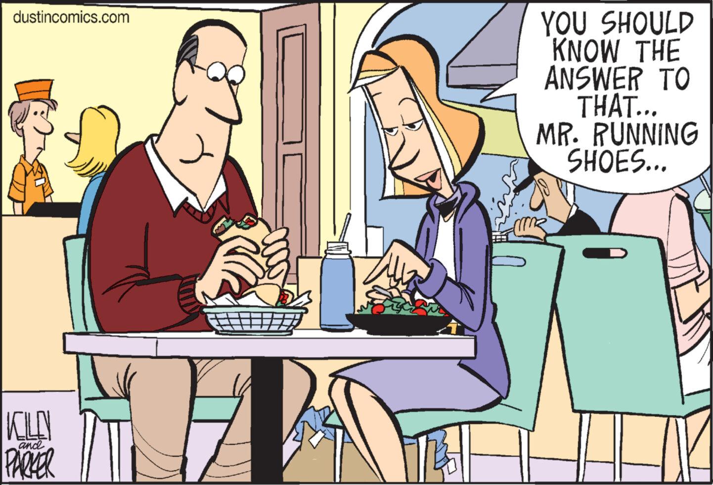 Conversation OCR: dustincomics.com KILL and PARKER YOU SHOULD KNOW THE ANSWER TO THAT... MR. RUNNING SHOES... dustincomics.com KILL and PARKER YOU SHOULD KNOW THE ANSWER TO THAT ... MR . RUNNING SHOES ...