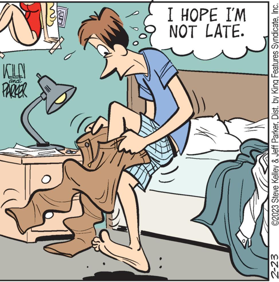 Font OCR: 2-23 PARKER and KILN i NOT LATE. I HOPE I'M ©2023 Steve Kelley & Jeff ParkerInc. 2-23 PARKER and KILN i NOT LATE . I HOPE I'M © 2023 Steve Kelley & Jeff ParkerDist . by King Features Syndicate