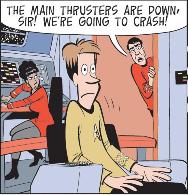 Illustration OCR: THE MAIN THRUSTERS ARE DOWNSIR! WE'RE GOING TO CRASH! 2. 10.00 THE MAIN THRUSTERS ARE DOWNSIR ! WE'RE GOING TO CRASH ! 2 . 10.00