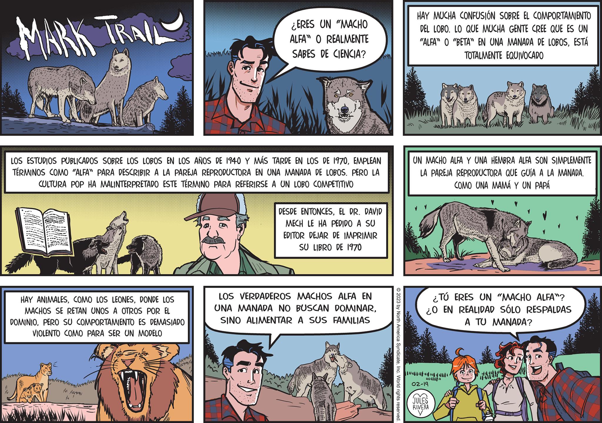 Comics OCR: MARK TRAIL LOS ESTUDIOS PUBLICADOS SOBRE LOS LOBOS EN LOS AÑOS DE 1940 Y MÁS TARDE EN LOS DE 1970EMPLEAN TÉRMINOS COMO "ALFA" PARA DESCRIBIR A LA PAREJA REPRODUCTORA EN UNA MANADA DE LOBOS. PERO LA CULTURA POP HA MALINTERPRETADO ESTE TÉRMINO PARA REFERIRSE A UN LOBO COMPETITIVO HAY ANIMALESDONDE LOS MACHOS SE RETAN UNOS A OTROS POR EL DOMINIOPERO SU COMPORTAMIENTO ES DEMASIADO VIOLENTO COMO PARA SER UN MODELO PPMT ¿ERES UN "MACHO ALFA" O REALMENTE SABES DE CIENCIA? M DESDE ENTONCESEL DR. DAVID MECH LE HA PEDIDO A SU EDITOR DEJAR DE IMPRIMIR SU LIBRO DE 1970 LOS VERDADEROS MACHOS ALFA EN UNA MANADA NO BUSCAN DOMINARSINO ALIMENTAR A SUS FAMILIAS www 294592 © 2023 by North America SyndicateInc. World rights reserved. HAY MUCHA CONFUSIÓN SOBRE EL COMPORTAMIENTO DEL LOBO. LO QUE MUCHA GENTE CREE QUE ES UN "ALFA" O "BETA" EN UNA MANADA DE LOBOSESTÁ TOTALMENTE EQUIVOCADO UN MACHO ALFA Y UNA HEMBRA ALFA SON SIMPLEMENTE LA PAREJA REPRODUCTORA QUE GUÍA A LA MANADA. COMO UNA MAMÁ Y UN PAPÁ ¿TÚ ERES UN "MACHO ALFA"? ¿O EN REALIDAD SÓLO RESPALDAS A TU MANADA? d 02-19 JULES RIVERA 71 MARK TRAIL LOS ESTUDIOS PUBLICADOS SOBRE LOS LOBOS EN LOS AÑOS DE 1940 Y MÁS TARDE EN LOS DE 1970EMPLEAN TÉRMINOS COMO " ALFA " PARA DESCRIBIR A LA PAREJA REPRODUCTORA EN UNA MANADA DE LOBOS . PERO LA CULTURA POP HA MALINTERPRETADO ESTE TÉRMINO PARA REFERIRSE A UN LOBO COMPETITIVO HAY ANIMALESCOMO LOS LEONESDONDE LOS MACHOS SE RETAN UNOS A OTROS POR EL DOMINIOPERO SU COMPORTAMIENTO ES DEMASIADO VIOLENTO COMO PARA SER UN MODELO PPMT ¿ ERES UN " MACHO ALFA " O REALMENTE SABES DE CIENCIA ? M DESDE ENTONCESEL DR . DAVID MECH LE HA PEDIDO A SU EDITOR DEJAR DE IMPRIMIR SU LIBRO DE 1970 LOS VERDADEROS MACHOS ALFA EN UNA MANADA NO BUSCAN DOMINARSINO ALIMENTAR A SUS FAMILIAS www 294592 © 2023 by North America SyndicateInc. World rights reserved . HAY MUCHA CONFUSIÓN SOBRE EL COMPORTAMIENTO DEL LOBO . LO QUE MUCHA GENTE CREE QUE ES UN " ALFA " O " BETA " EN UNA MANADA DE LOBOSESTÁ TOTALMENTE EQUIVOCADO UN MACHO ALFA Y UNA HEMBRA ALFA SON SIMPLEMENTE LA PAREJA REPRODUCTORA QUE GUÍA A LA MANADA . COMO UNA MAMÁ Y UN PAPÁ ¿ TÚ ERES UN " MACHO ALFA " ? ¿ O EN REALIDAD SÓLO RESPALDAS A TU MANADA ? d 02-19 JULES RIVERA 71