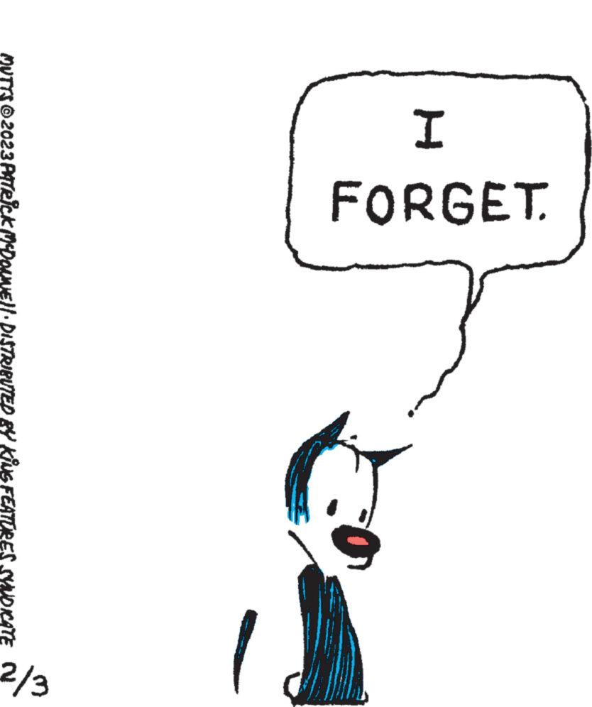 Handwriting OCR: I FORGET. MUTTS © 2023 PATRICK McDOLNE}}· DISTRIBUTED BY KING FEATURES SYNDICATE E/2 I FORGET . MUTTS © 2023 PATRICK McDOLNE } } · DISTRIBUTED BY KING FEATURES SYNDICATE E / 2