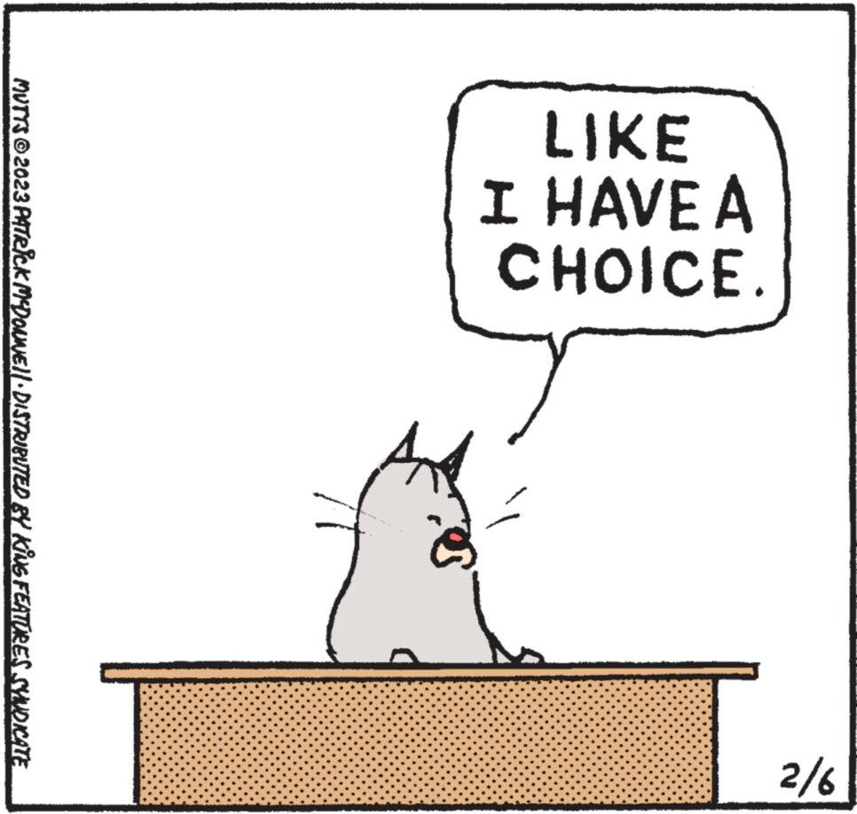 Parallel OCR: LIKE I HAVE A CHOICE. 9/2 MUTTS © 2023 PATRICK MCDONNE||· DISTRIBUTED BY KING FEATURES SYNDICATE LIKE I HAVE A CHOICE . 9/2 MUTTS © 2023 PATRICK MCDONNE || · DISTRIBUTED BY KING FEATURES SYNDICATE