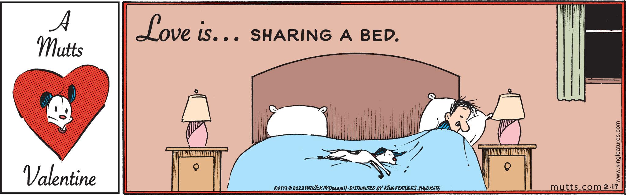 Tail OCR: A Mutts Valentine Love is... SHARING A BED. MUTTS ©2023 PATRICK MCDOUNE||· DISTRIBUTED BY KING FEATURES SYNDICATE www.kingfeatures.com mutts.com 2.17 A Mutts Valentine Love is ... SHARING A BED . MUTTS © 2023 PATRICK MCDOUNE || · DISTRIBUTED BY KING FEATURES SYNDICATE www.kingfeatures.com mutts.com 2.17