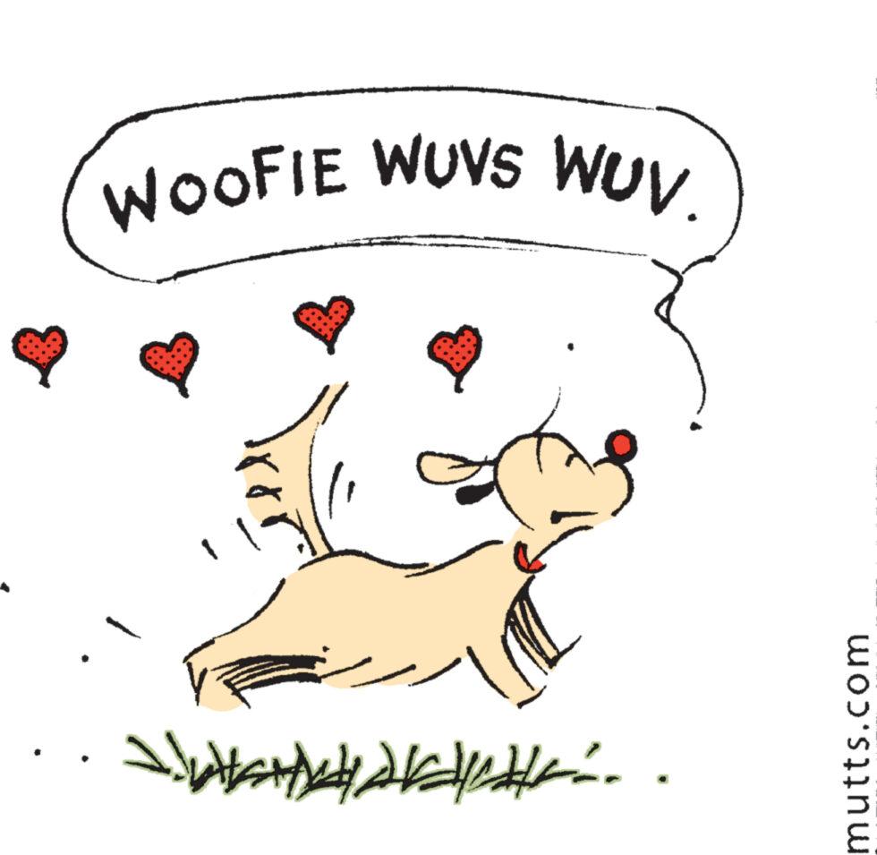 Illustration OCR: . WOOFIE WUVS WUV. -THFACHH mutts.com . WOOFIE WUVS WUV . -THFACHH mutts.com