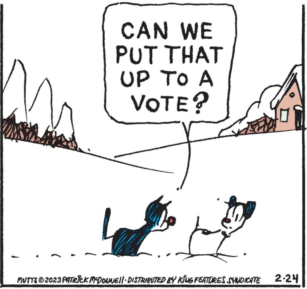 Window OCR: CAN WE PUT THAT UP TO A VOTE? 17 MUTTS © 2023 PATRICK MCDONNE||· DISTRIBUTED BY KING FEATURES SYNDICATE 2.24 CAN WE PUT THAT UP TO A VOTE ? 17 MUTTS © 2023 PATRICK MCDONNE || · DISTRIBUTED BY KING FEATURES SYNDICATE 2.24