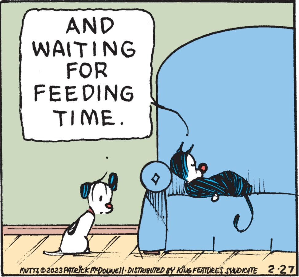 Art OCR: AND WAITING FOR FEEDING TIME. MUTTS © 2023 PATRICK MCDONNE||· DISTRIBUTED BY KING FEATURES SYNDICATE 2.27 AND WAITING FOR FEEDING TIME . MUTTS © 2023 PATRICK MCDONNE || · DISTRIBUTED BY KING FEATURES SYNDICATE 2.27