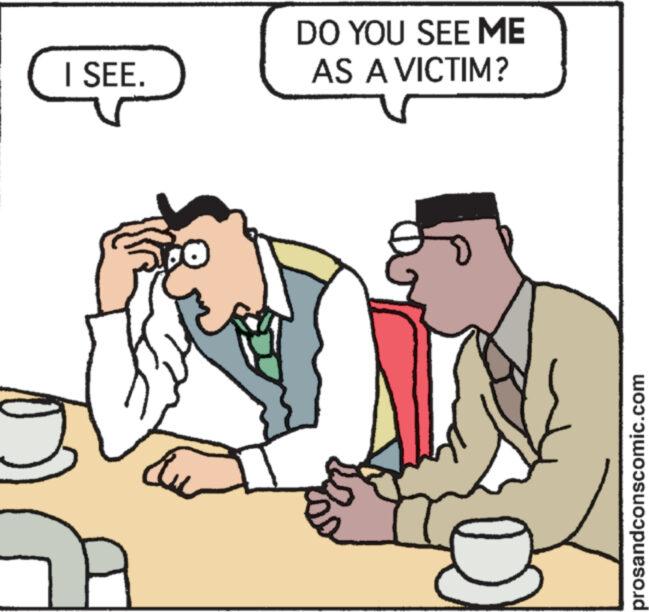 Line OCR: I SEE. DO YOU SEE ME AS A VICTIM? prosandconscomic.com I SEE . DO YOU SEE ME AS A VICTIM ? prosandconscomic.com