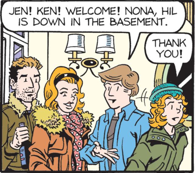 Humour OCR: JEN! KEN! WELCOME! NONAHIL IS DOWN IN THE BASEMENT. M 174 THC HAC V THANK YOU! T } JEN ! KEN ! WELCOME ! NONAHIL IS DOWN IN THE BASEMENT . M 174 THC HAC V THANK YOU ! T }