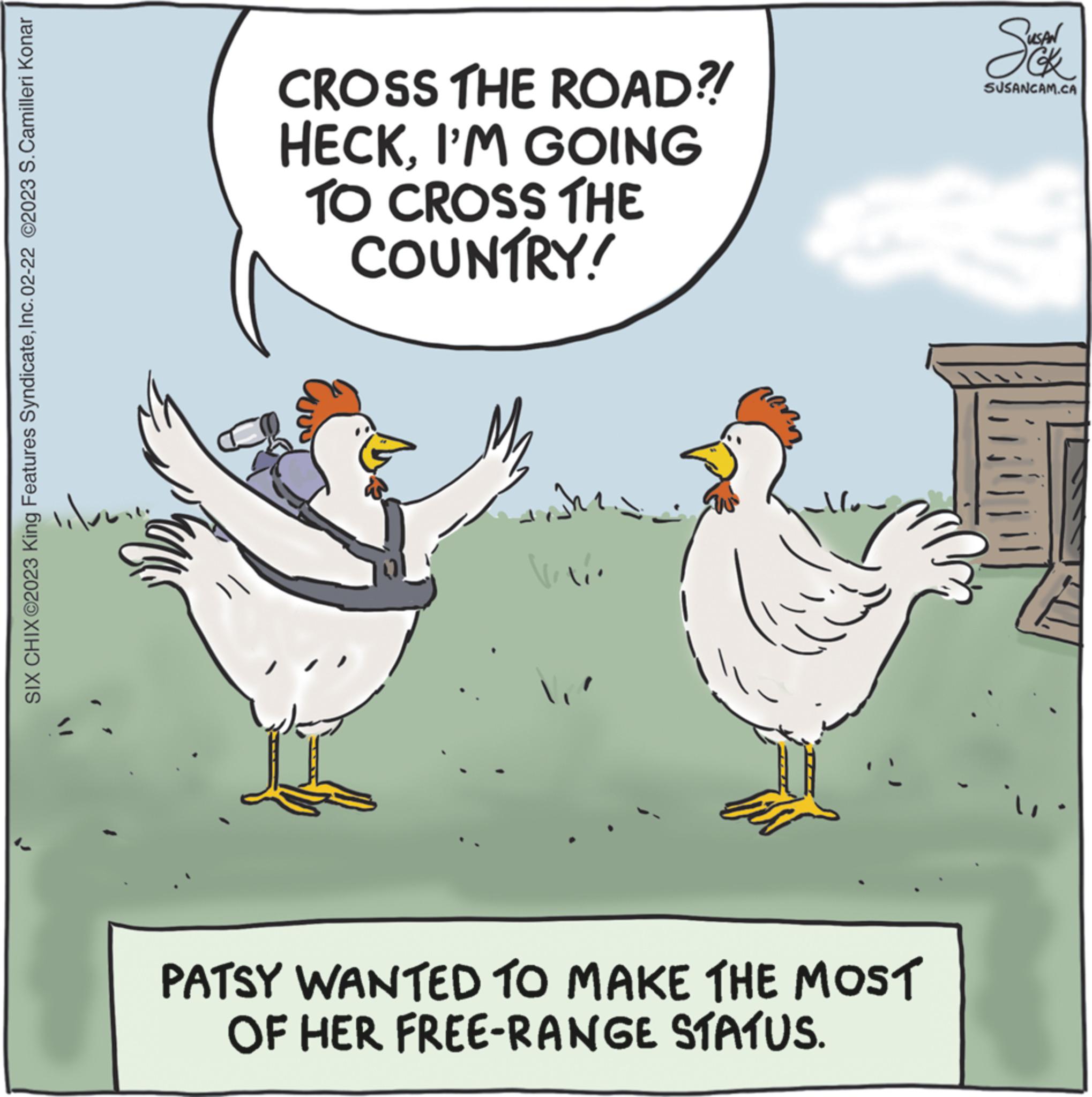 geese and swans OCR: SIX CHIX©2023 King Features SyndicateInc.02-22 2023 S. Camilleri Konar luose. CROSS THE ROAD?! HECKI'M GOING TO CROSS THE COUNTRY! Vidéo _-/ PATSY WANTED TO MAKE THE MOST OF HER FREE-RANGE STATUS. Suc SUSANCAM.CA SIX CHIX © 2023 King Features SyndicateInc.02-22 2023 S. Camilleri Konar luose . CROSS THE ROAD ?! HECKI'M GOING TO CROSS THE COUNTRY ! Vidéo _- / PATSY WANTED TO MAKE THE MOST OF HER FREE - RANGE STATUS . Suc SUSANCAM.CA