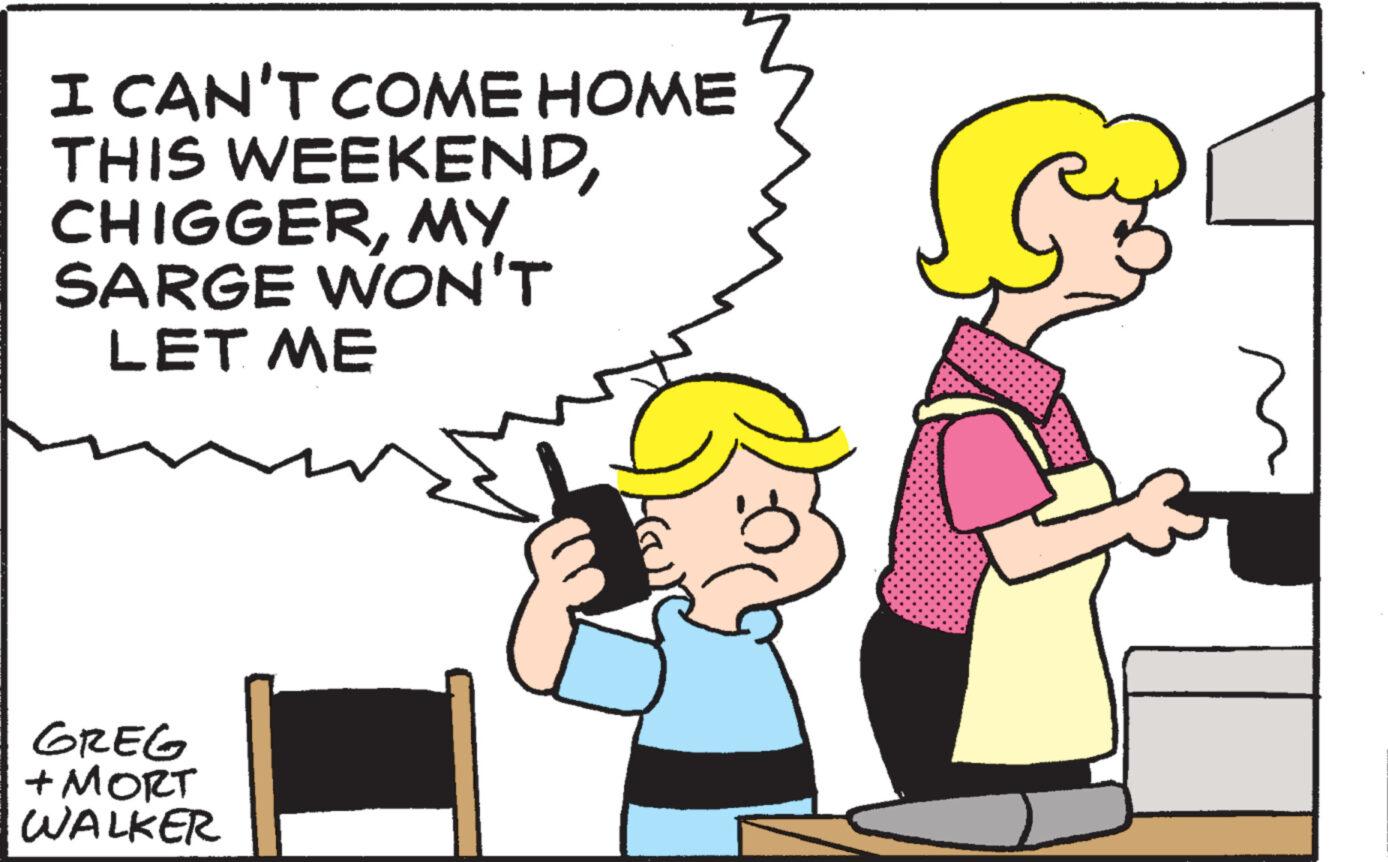 Interaction OCR: I CAN'T COME HOME THIS WEEKENDMY SARGE WON'T LET ME GREG + MORT WALKER I CAN'T COME HOME THIS WEEKENDMY SARGE WON'T LET ME GREG + MORT WALKER