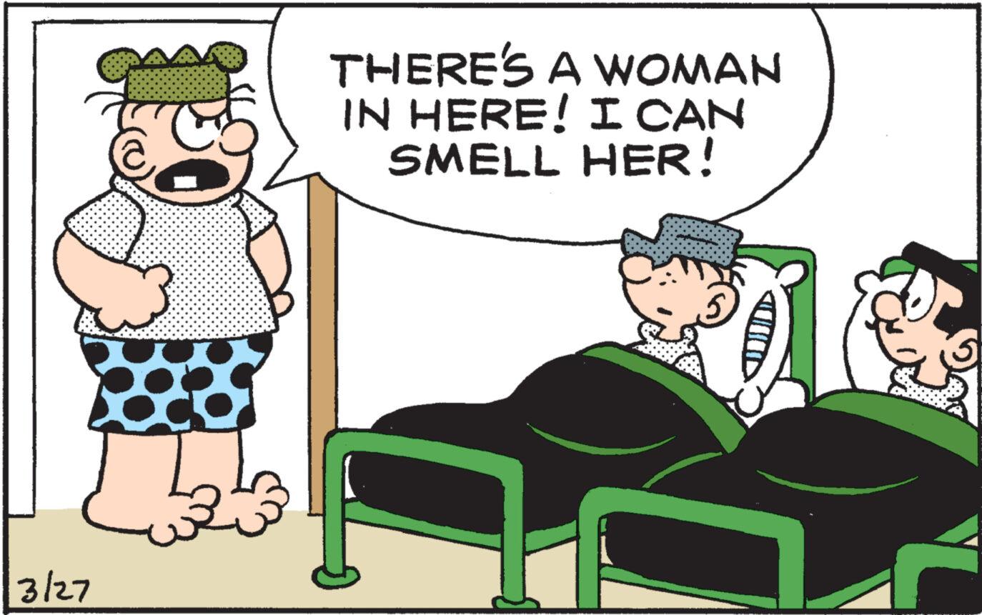 Conversation OCR: 3/27 THERE'S A WOMAN IN HERE! I CAN SMELL HER! L 3/27 THERE'S A WOMAN IN HERE ! I CAN SMELL HER ! L