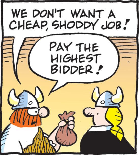 Drawing OCR: WE DON'T WANT A CHEAPSHODDY JOB! VC PAY THE HIGHEST BIDDER! J WE DON'T WANT A CHEAPSHODDY JOB ! VC PAY THE HIGHEST BIDDER ! J