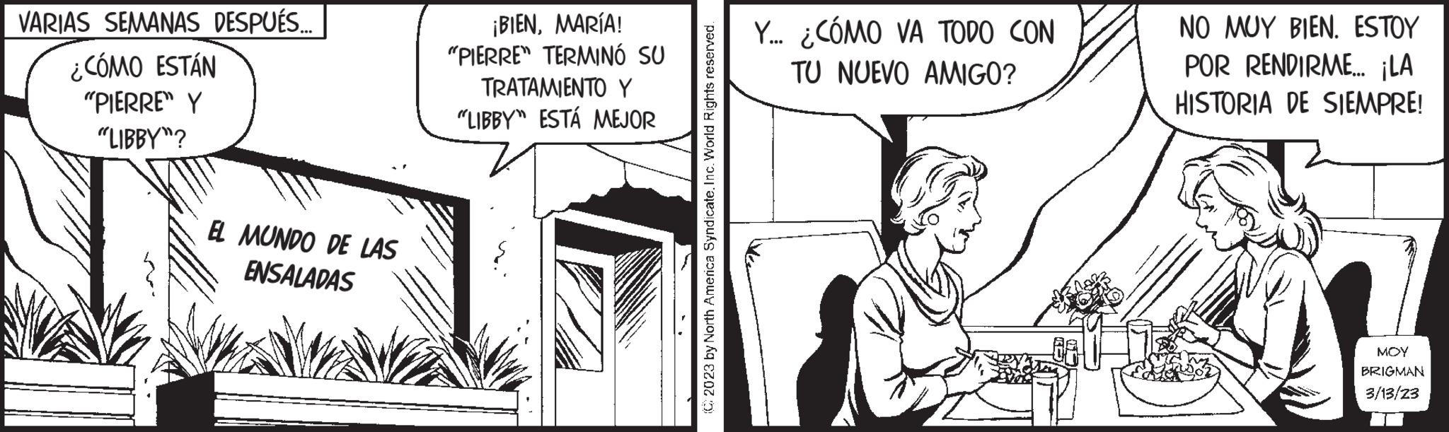 Rectangle OCR: VARIAS SEMANAS DESPUÉS... ¿CÓMO ESTÁN "PIERRE" Y "LIBBY"? EL MUNDO DE LAS ENSALADAS ¡BIENMARÍA! "PIERRE" TERMINÓ SU TRATAMIENTO Y "LIBBY" ESTÁ MEJOR C2023 by North America Syndicate. Inc. World Rights reserved. Y... ¿CÓMO VA TODO CON TU NUEVO AMIGO? NO MUY BIEN. ESTOY POR RENDIRME... ¡LA HISTORIA DE SIEMPRE! ??? BRIGMAN 3/13/23 VARIAS SEMANAS DESPUÉS ... ¿ CÓMO ESTÁN " PIERRE " Y " LIBBY " ? EL MUNDO DE LAS ENSALADAS ¡ BIENMARÍA ! " PIERRE " TERMINÓ SU TRATAMIENTO Y " LIBBY " ESTÁ MEJOR C2023 by North America Syndicate . Inc. World Rights reserved . Y ... ¿ CÓMO VA TODO CON TU NUEVO AMIGO ? NO MUY BIEN . ESTOY POR RENDIRME ... ¡ LA HISTORIA DE SIEMPRE ! ??? BRIGMAN 3/13/23