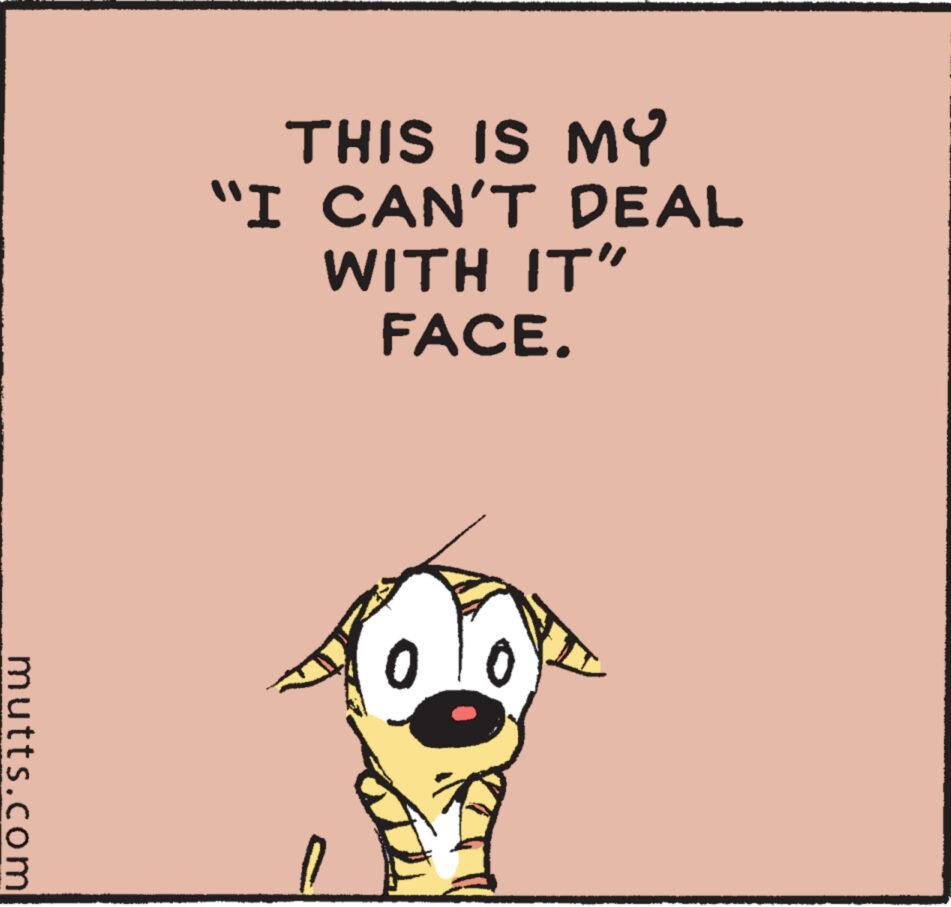 Illustration OCR: mutts.com THIS IS MY "I CAN'T DEAL WITH IT" FACE. 0 mutts.com THIS IS MY " I CAN'T DEAL WITH IT " FACE . 0